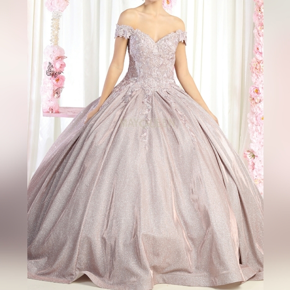 Lace applique beaded off the  shoulder long floor length lace up back ball gown - Picture 5 of 13